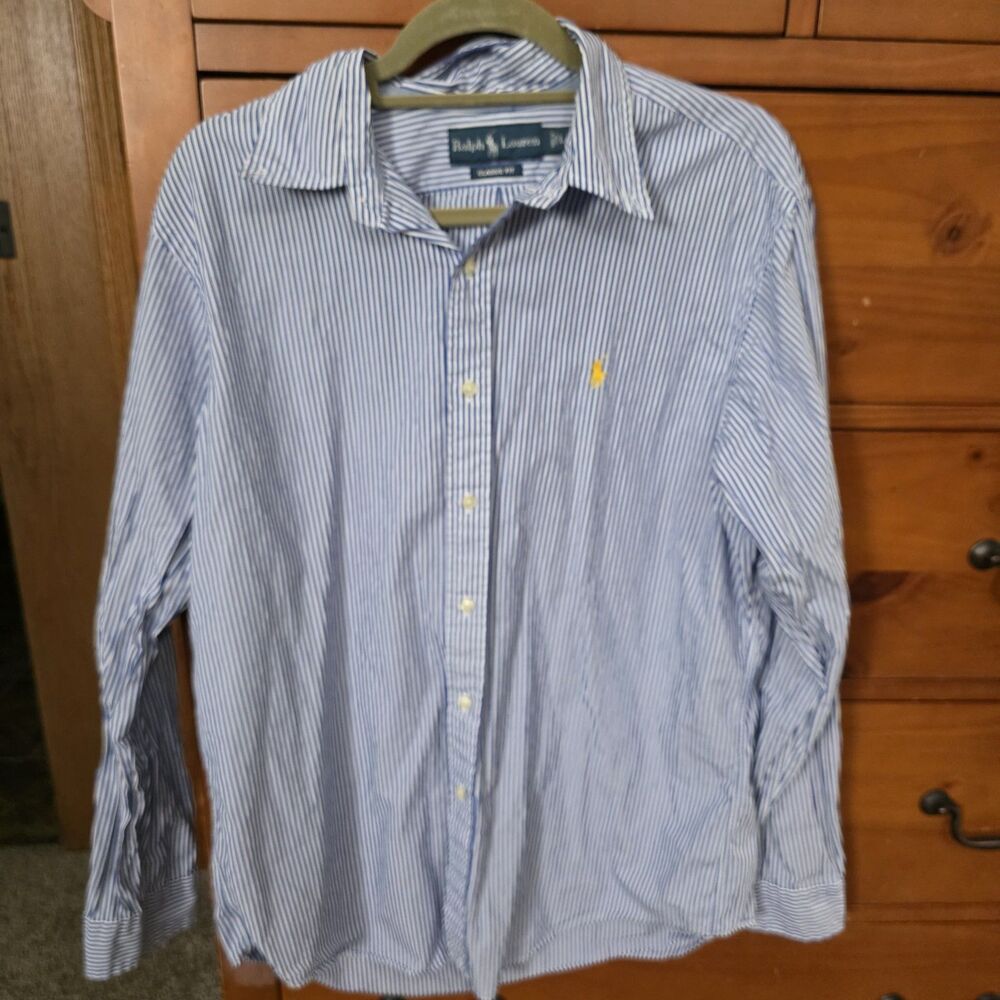 Ralph Lauren Polo Size Large Blue White Stripe Yellow Pony Button Down Classic